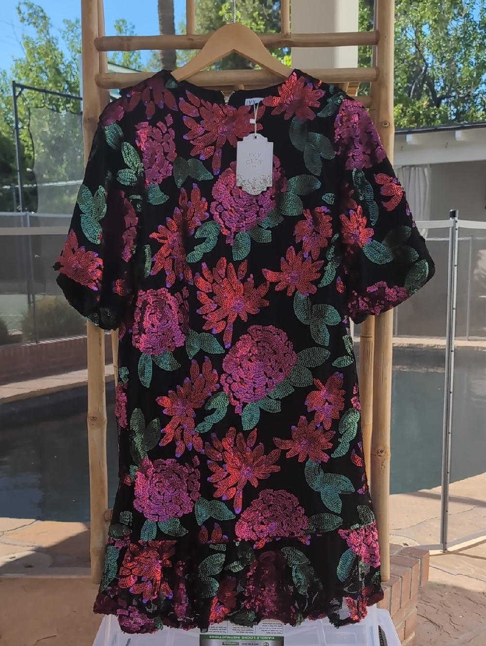 NWT Ivy City Co Black Dress with Pink & Green Sequins Evelyn
